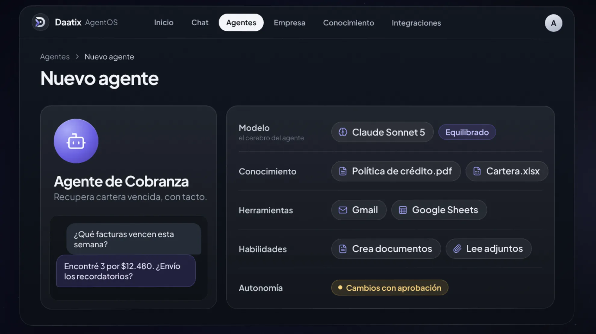 Constructor de agentes: el Agente de Cobranza con su modelo, conocimiento, herramientas, habilidades y autonomía