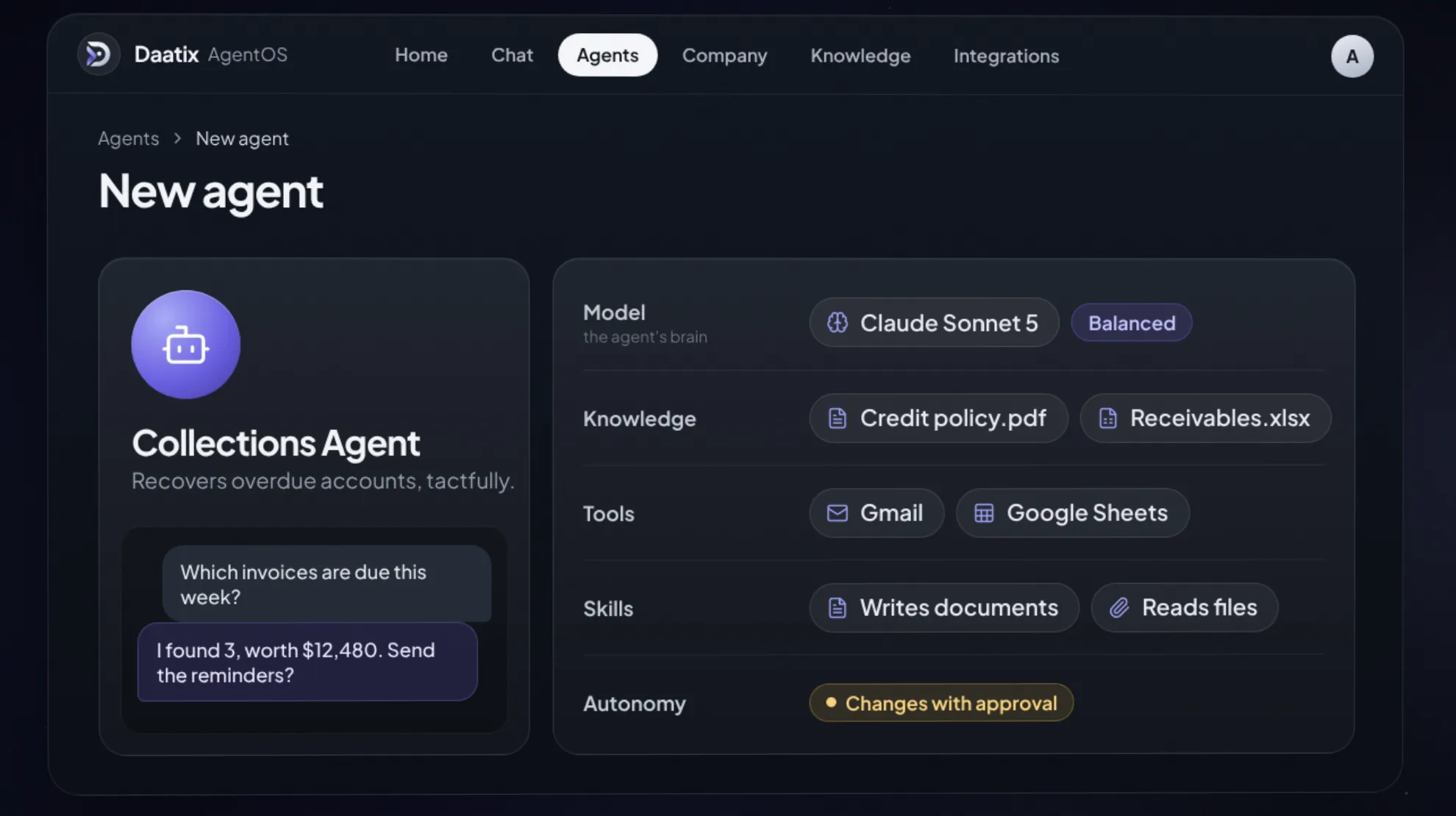 Agent builder: the Collections Agent with its model, knowledge, tools, skills and autonomy