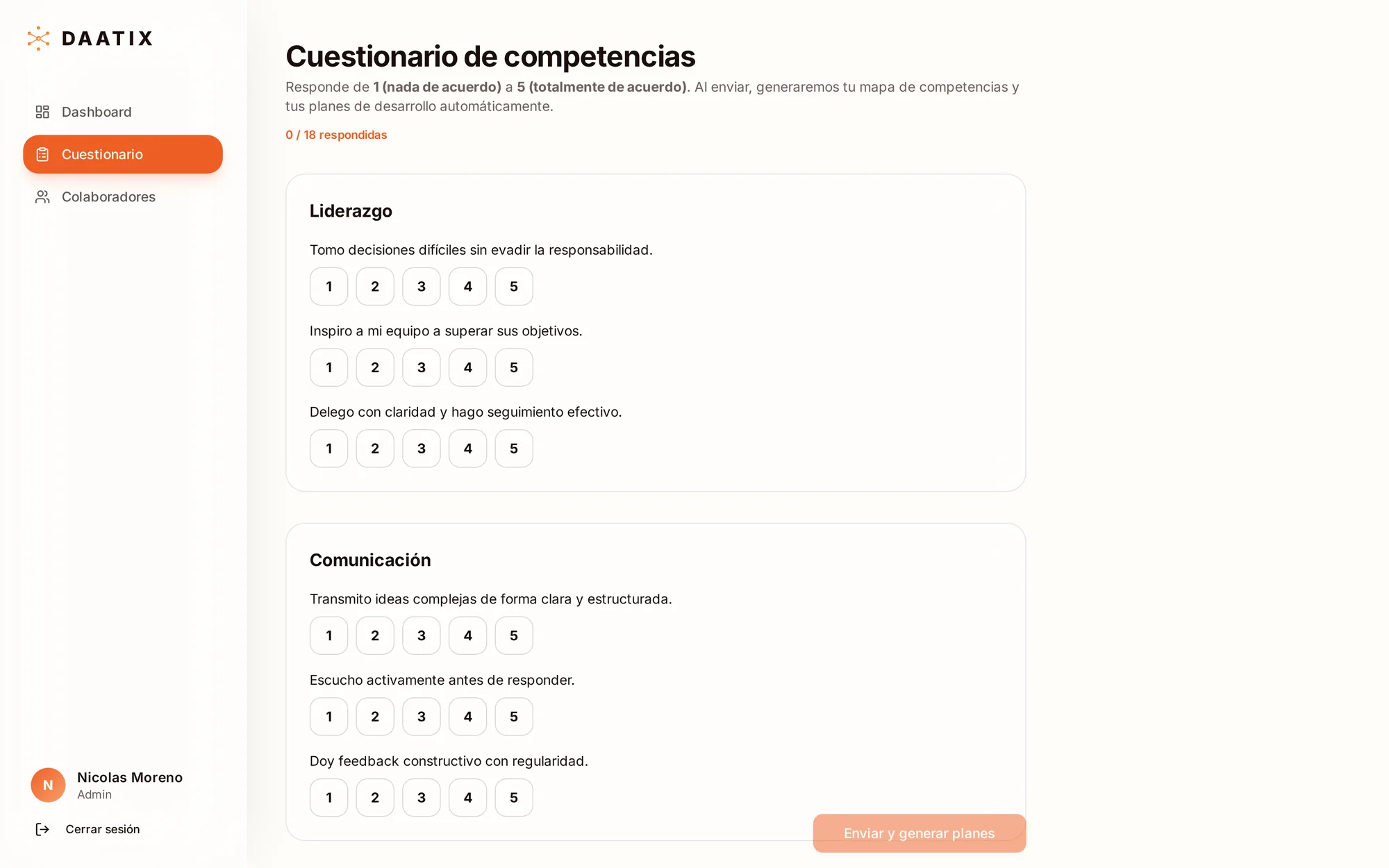 Competency questionnaire on the Daatix platform, with leadership and communication questions